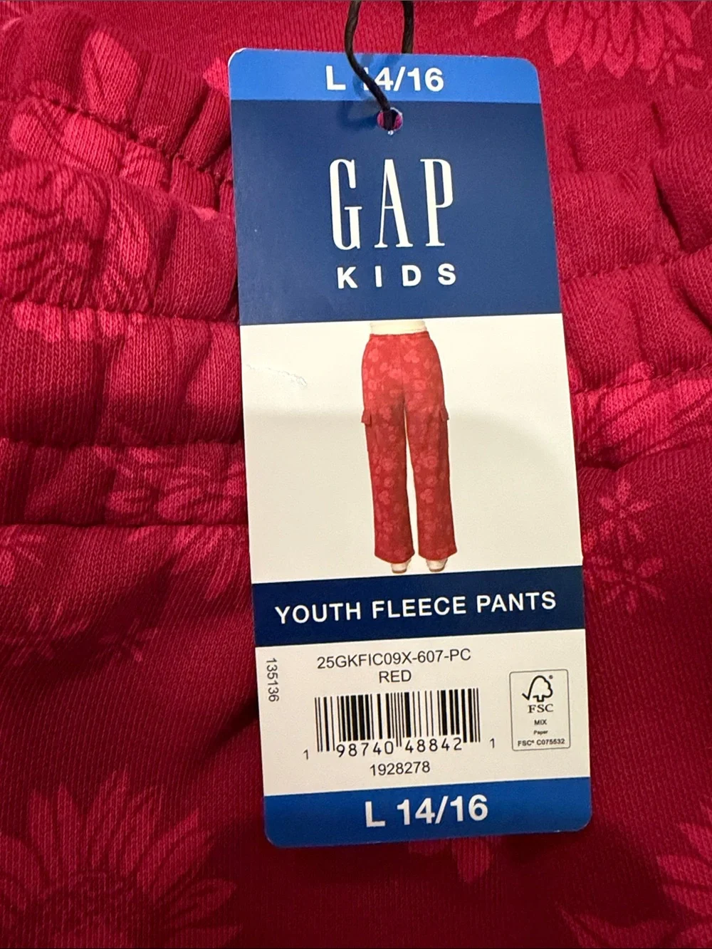 GAP Kids Girl’s Large-14/16 Berry Red Floral Cargo Fleece Pants